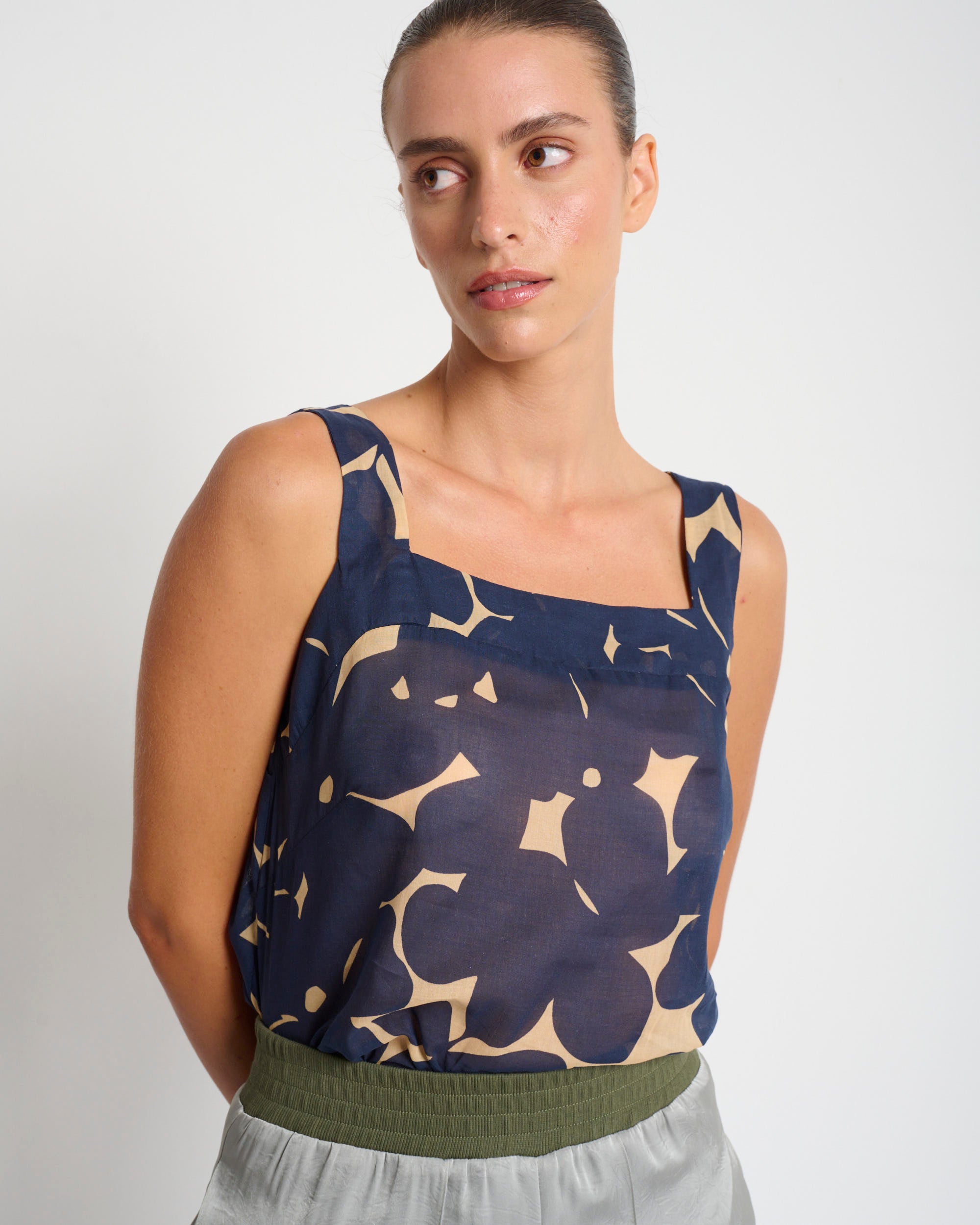 Mimi Top Blue & Beige Print